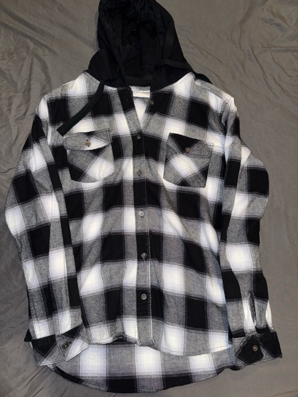 Black & White Hooded Plaid Button-Up Shirt
